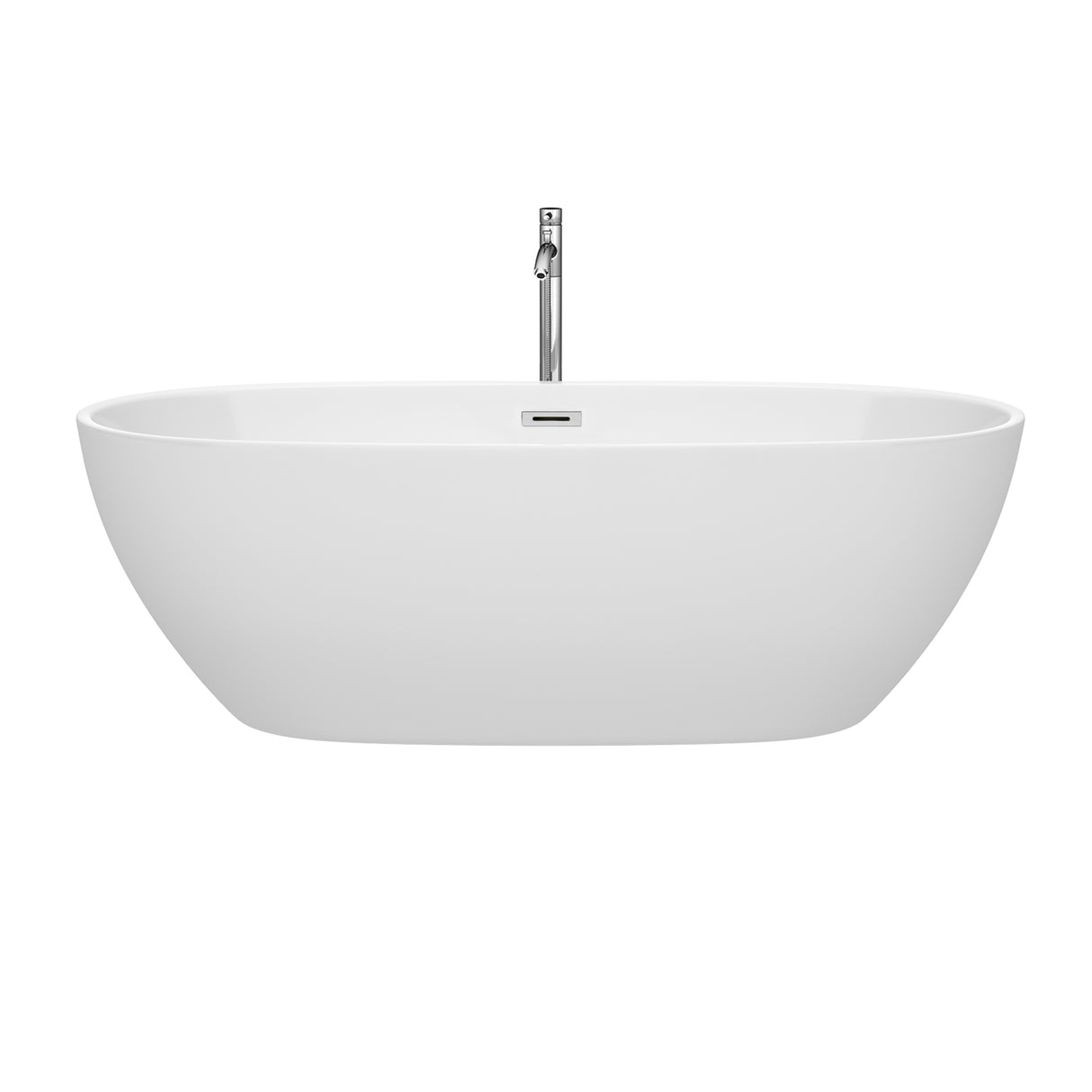 Juno 71 Inch Freestanding Bathtub in White with Floor Mounted Faucet Drain and Overflow Trim in Polished Chrome
