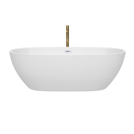 Juno 71 Inch Freestanding Bathtub in White with Shiny White Trim and Floor Mounted Faucet in Brushed Gold
