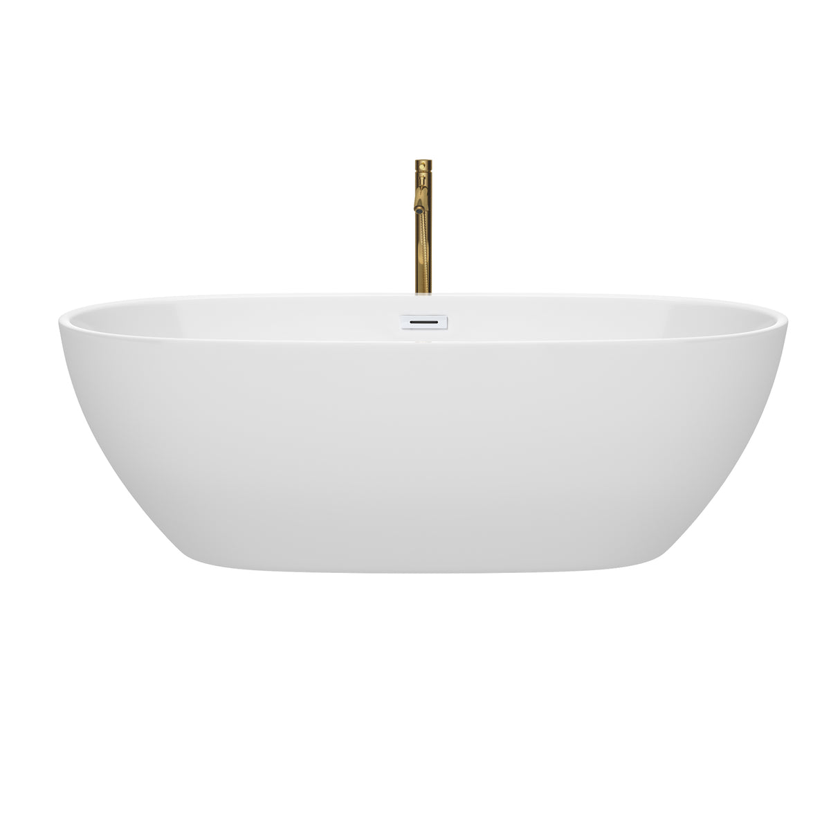 Juno 71 Inch Freestanding Bathtub in White with Shiny White Trim and Floor Mounted Faucet in Brushed Gold