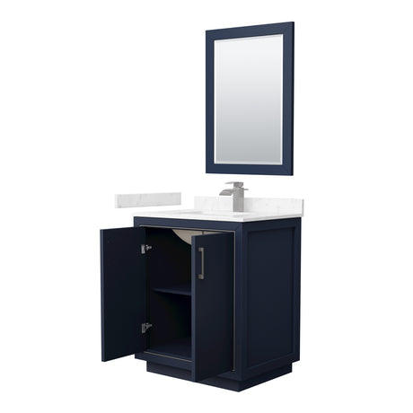 Icon 30 Inch Single Bathroom Vanity in Dark Blue Carrara Cultured Marble Countertop Undermount Square Sink Brushed Nickel Trim 24 Inch Mirror