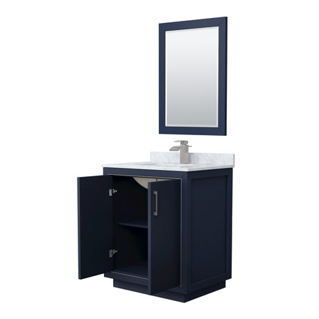 Icon 30 Inch Single Bathroom Vanity in Dark Blue White Carrara Marble Countertop Undermount Square Sink Brushed Nickel Trim 24 Inch Mirror