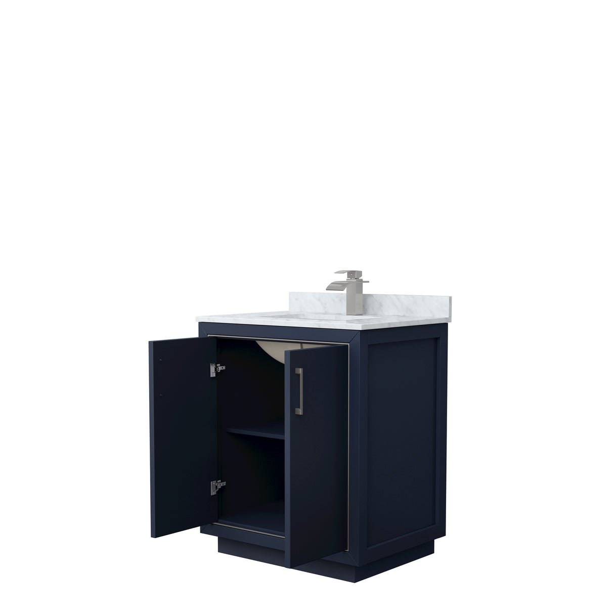 Icon 30 Inch Single Bathroom Vanity in Dark Blue White Carrara Marble Countertop Undermount Square Sink Brushed Nickel Trim