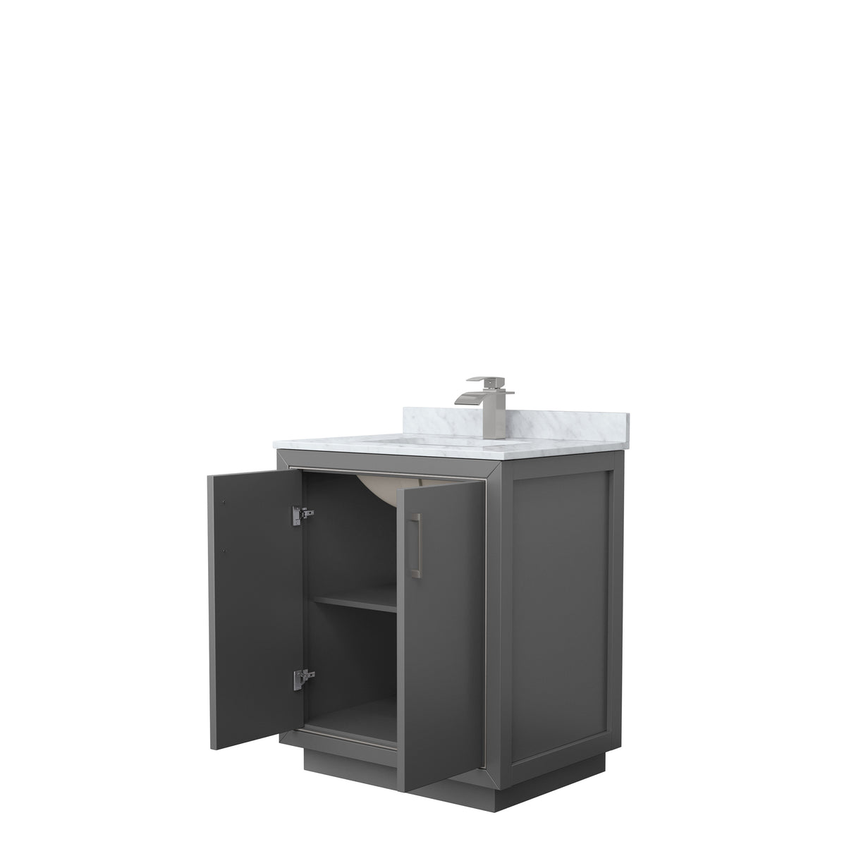 Icon 30 Inch Single Bathroom Vanity in Dark Gray White Carrara Marble Countertop Undermount Square Sink Brushed Nickel Trim