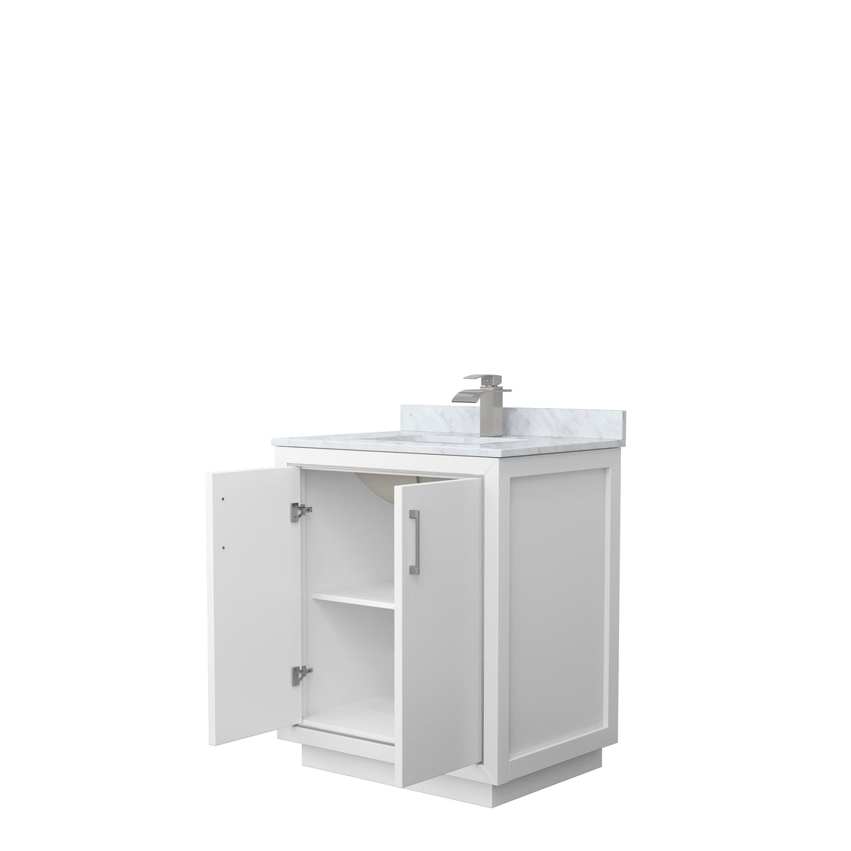 Icon 30 Inch Single Bathroom Vanity in White White Carrara Marble Countertop Undermount Square Sink Brushed Nickel Trim