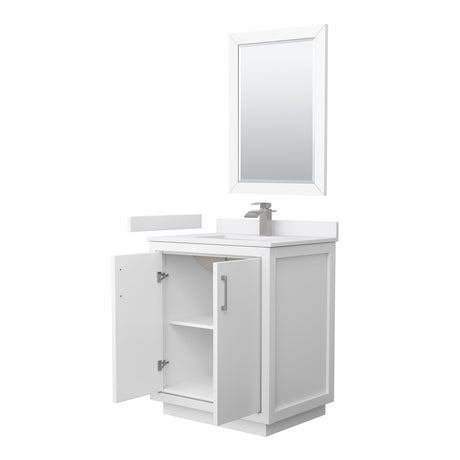 Icon 30 Inch Single Bathroom Vanity in White White Cultured Marble Countertop Undermount Square Sink Brushed Nickel Trim 24 Inch Mirror