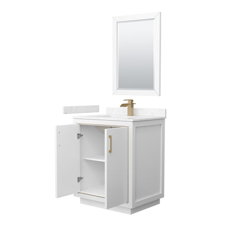 Icon 30 Inch Single Bathroom Vanity in White Carrara Cultured Marble Countertop Undermount Square Sink Satin Bronze Trim 24 Inch Mirror