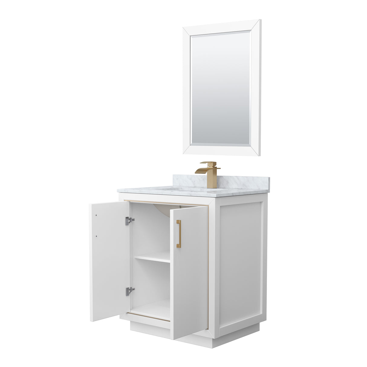 Icon 30 Inch Single Bathroom Vanity in White White Carrara Marble Countertop Undermount Square Sink Satin Bronze Trim 24 Inch Mirror