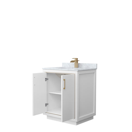 Icon 30 Inch Single Bathroom Vanity in White White Carrara Marble Countertop Undermount Square Sink Satin Bronze Trim