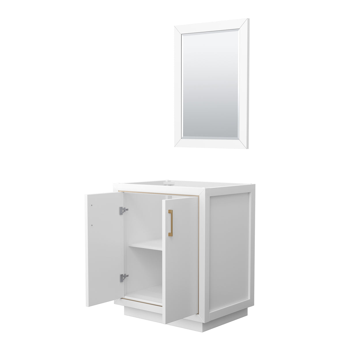 Icon 30 Inch Single Bathroom Vanity in White No Countertop No Sink Satin Bronze Trim 24 Inch Mirror