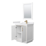 Icon 30 Inch Single Bathroom Vanity in White White Cultured Marble Countertop Undermount Square Sink Satin Bronze Trim 24 Inch Mirror