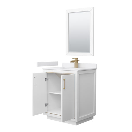Icon 30 Inch Single Bathroom Vanity in White White Cultured Marble Countertop Undermount Square Sink Satin Bronze Trim 24 Inch Mirror