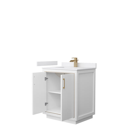 Icon 30 Inch Single Bathroom Vanity in White White Cultured Marble Countertop Undermount Square Sink Satin Bronze Trim