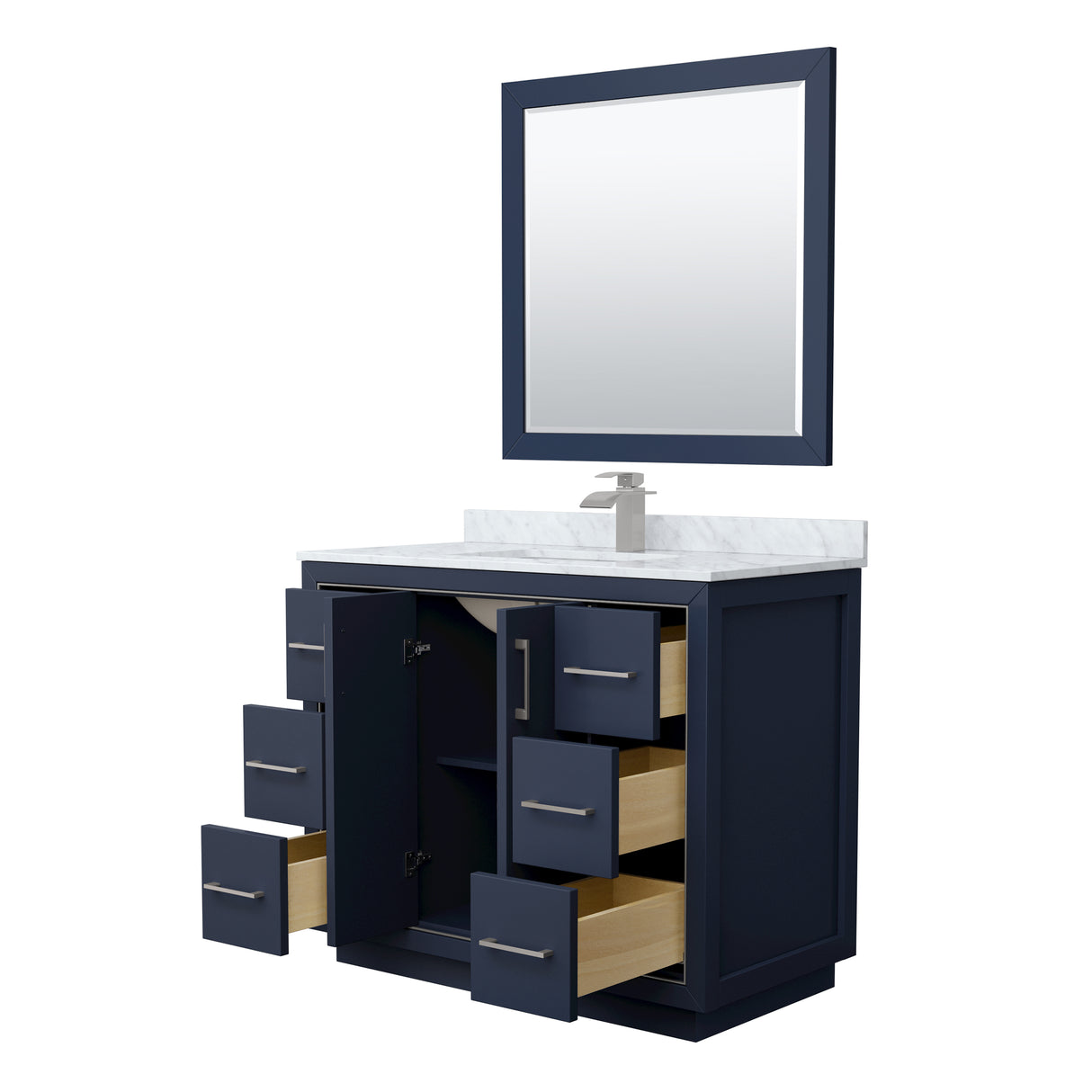 Icon 42 Inch Single Bathroom Vanity in Dark Blue White Carrara Marble Countertop Undermount Square Sink Brushed Nickel Trim 34 Inch Mirror