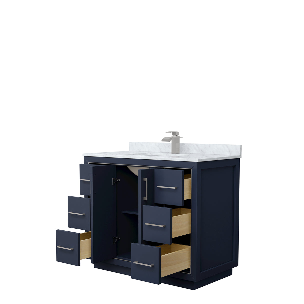 Icon 42 Inch Single Bathroom Vanity in Dark Blue White Carrara Marble Countertop Undermount Square Sink Brushed Nickel Trim