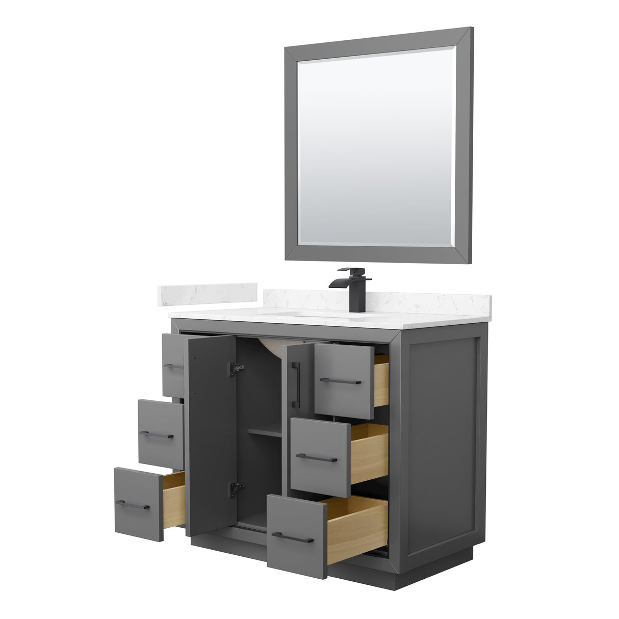 Icon 42 Inch Single Bathroom Vanity in Dark Gray Carrara Cultured Marble Countertop Undermount Square Sink Matte Black Trim 34 Inch Mirror