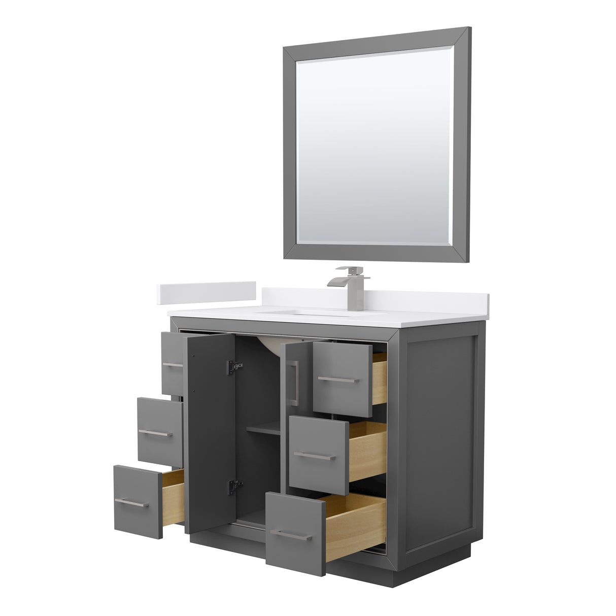 Icon 42 Inch Single Bathroom Vanity in Dark Gray White Cultured Marble Countertop Undermount Square Sink Brushed Nickel Trim 34 Inch Mirror
