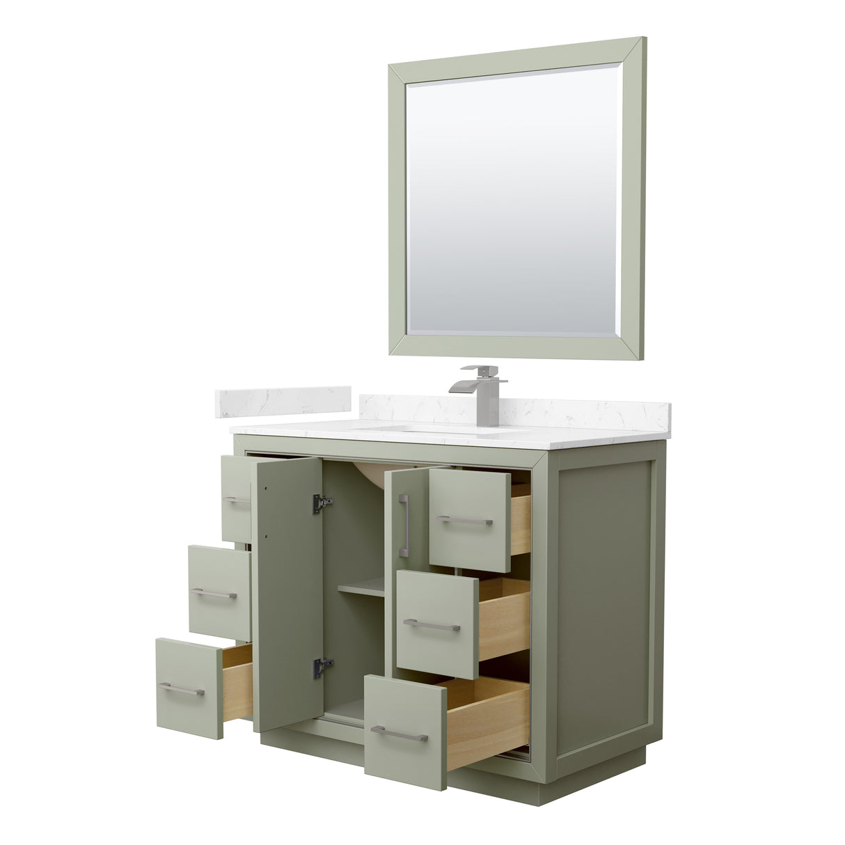 Icon 42 Inch Single Bathroom Vanity in Light Green Carrara Cultured Marble Countertop Undermount Square Sink Brushed Nickel Trim 34 Inch Mirror