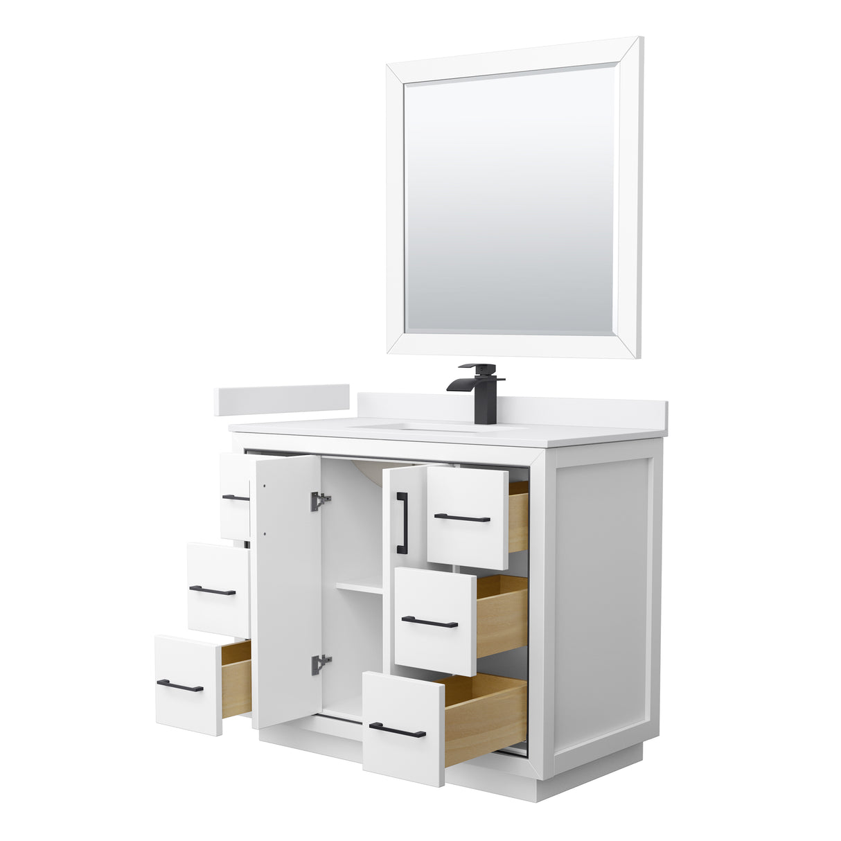 Icon 42 Inch Single Bathroom Vanity in White White Cultured Marble Countertop Undermount Square Sink Matte Black Trim 34 Inch Mirror