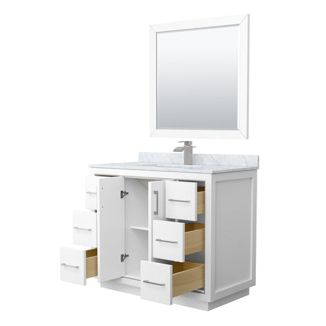 Icon 42 Inch Single Bathroom Vanity in White White Carrara Marble Countertop Undermount Square Sink Brushed Nickel Trim 34 Inch Mirror