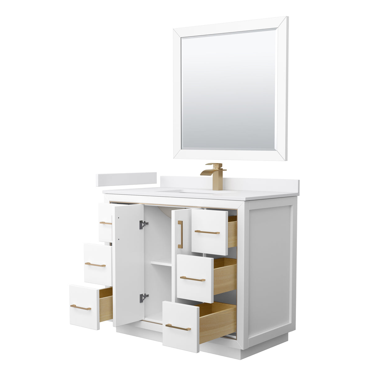 Icon 42 Inch Single Bathroom Vanity in White White Cultured Marble Countertop Undermount Square Sink Satin Bronze Trim 34 Inch Mirror