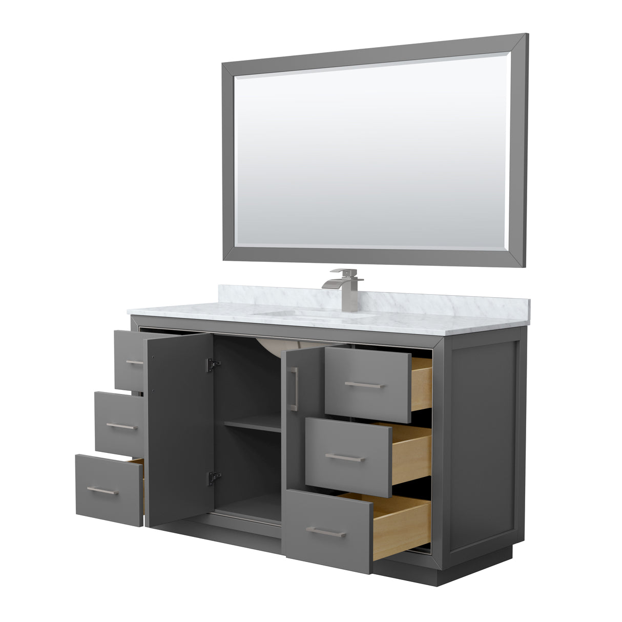 Icon 60 Inch Single Bathroom Vanity in Dark Gray White Carrara Marble Countertop Undermount Square Sink Brushed Nickel Trim 58 Inch Mirror