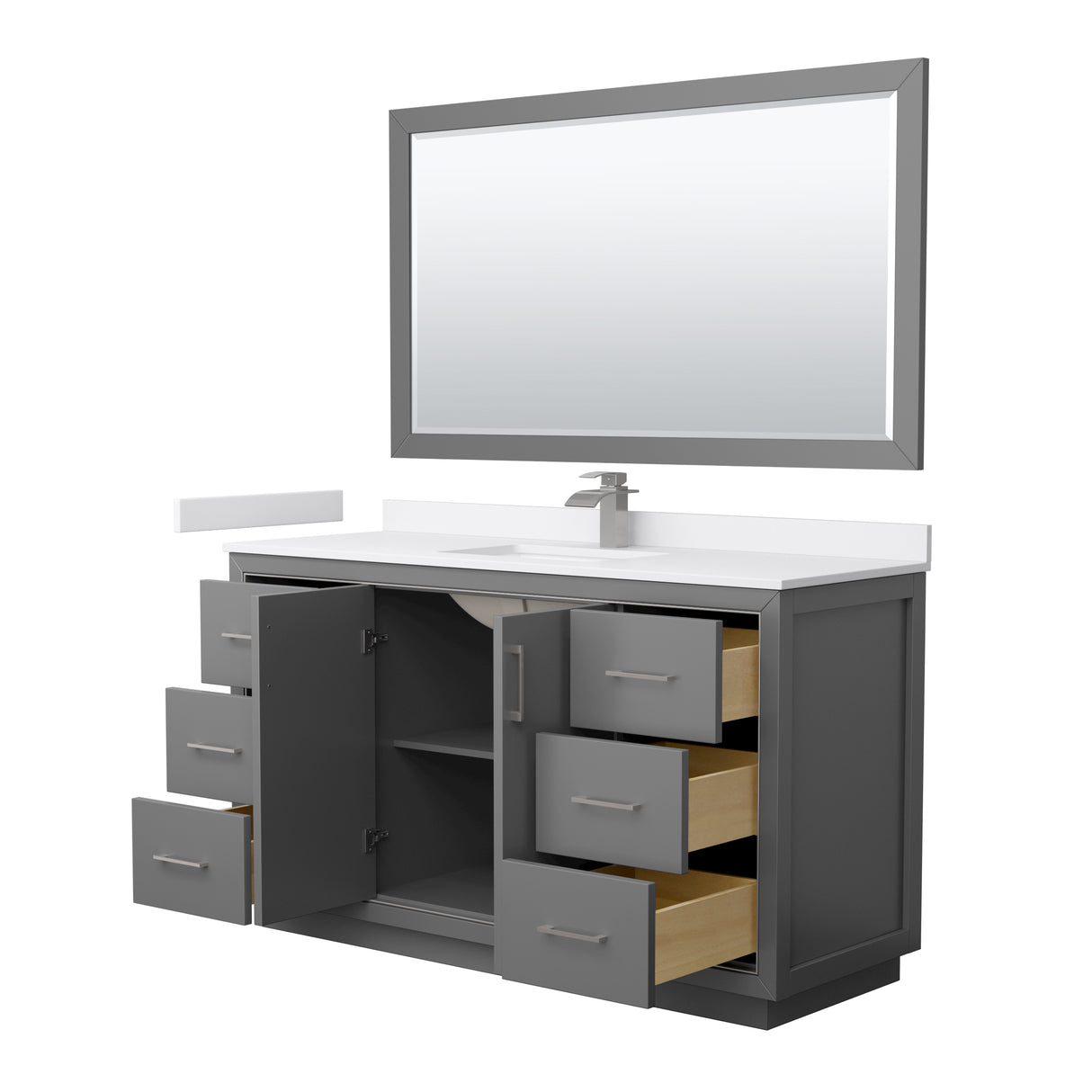 Icon 60 Inch Single Bathroom Vanity in Dark Gray White Cultured Marble Countertop Undermount Square Sink Brushed Nickel Trim 58 Inch Mirror