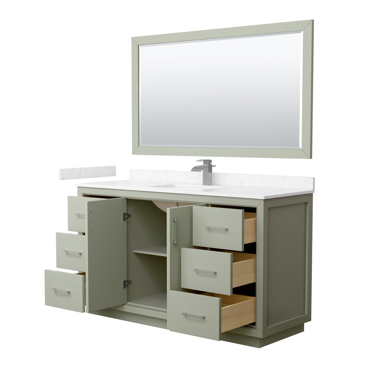 Icon 60 Inch Single Bathroom Vanity in Light Green Carrara Cultured Marble Countertop Undermount Square Sink Brushed Nickel Trim 58 Inch Mirror
