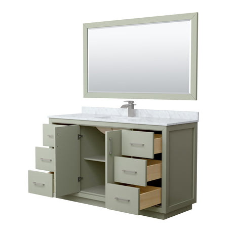Icon 60 Inch Single Bathroom Vanity in Light Green White Carrara Marble Countertop Undermount Square Sink Brushed Nickel Trim 58 Inch Mirror
