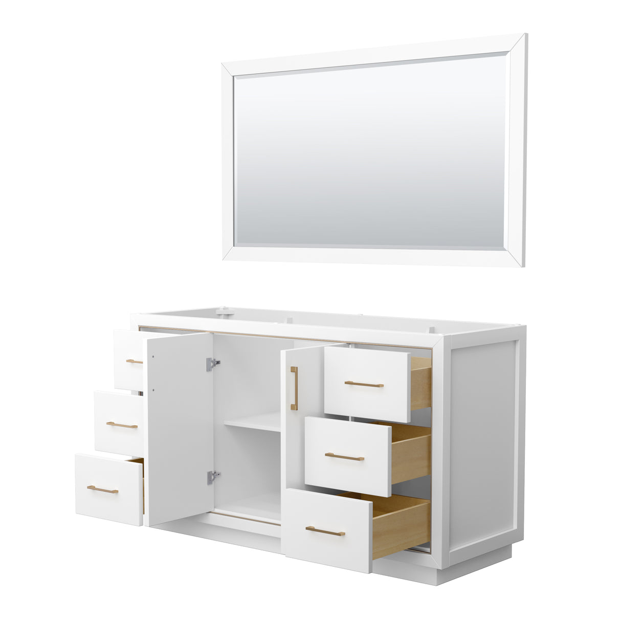 Icon 60 Inch Single Bathroom Vanity in White No Countertop No Sink Satin Bronze Trim 58 Inch Mirror