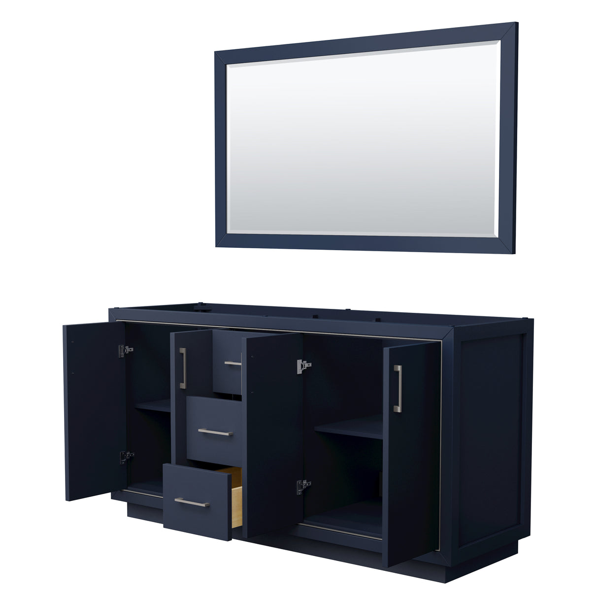 Icon 66 Inch Double Bathroom Vanity in Dark Blue No Countertop No Sink Brushed Nickel Trim 58 Inch Mirror