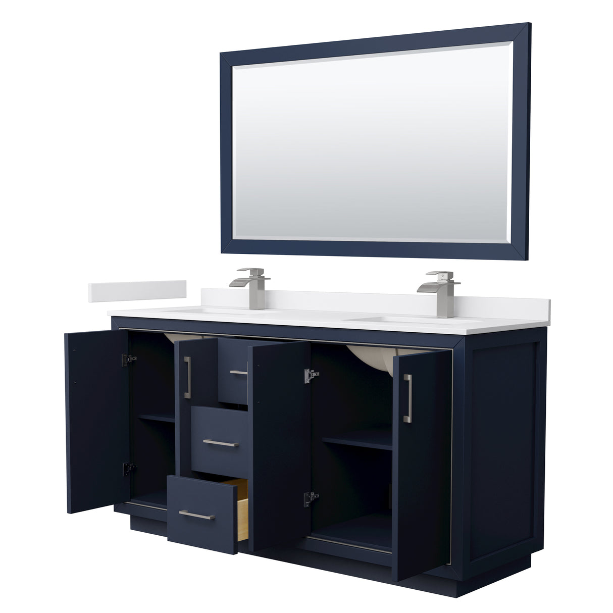 Icon 66 Inch Double Bathroom Vanity in Dark Blue White Cultured Marble Countertop Undermount Square Sinks Brushed Nickel Trim 58 Inch Mirror