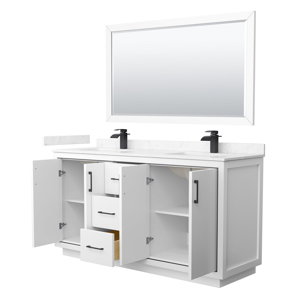 Icon 66 Inch Double Bathroom Vanity in White Carrara Cultured Marble Countertop Undermount Square Sinks Matte Black Trim 58 Inch Mirror