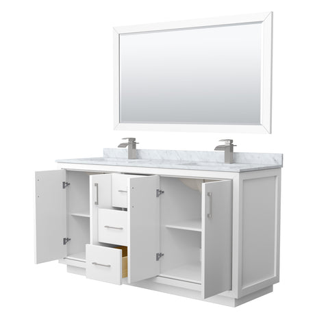 Icon 66 Inch Double Bathroom Vanity in White White Carrara Marble Countertop Undermount Square Sinks Brushed Nickel Trim 58 Inch Mirror