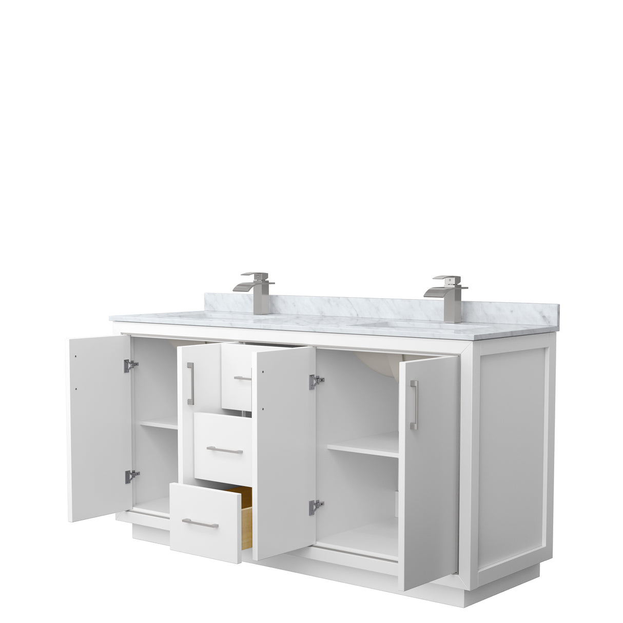Icon 66 Inch Double Bathroom Vanity in White White Carrara Marble Countertop Undermount Square Sinks Brushed Nickel Trim