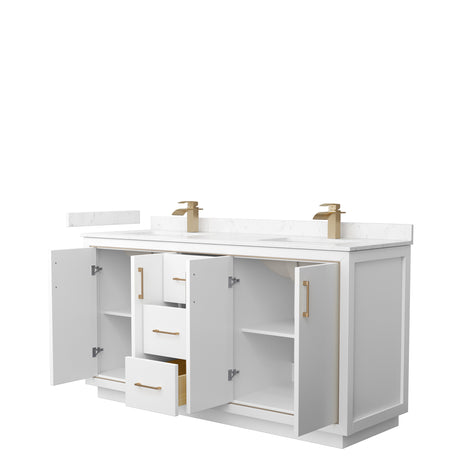 Icon 66 Inch Double Bathroom Vanity in White Carrara Cultured Marble Countertop Undermount Square Sinks Satin Bronze Trim