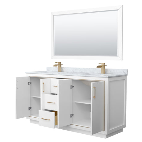 Icon 66 Inch Double Bathroom Vanity in White White Carrara Marble Countertop Undermount Square Sinks Satin Bronze Trim 58 Inch Mirror