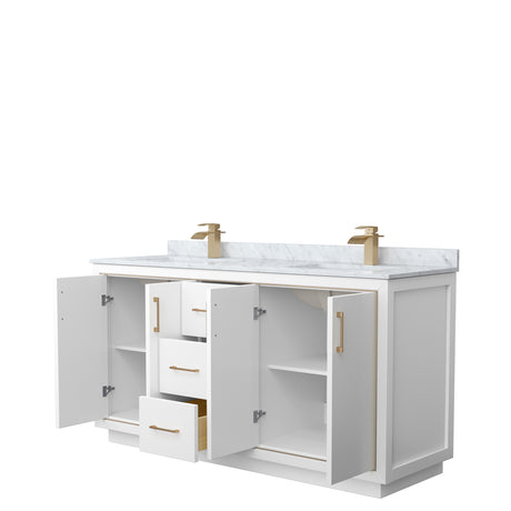 Icon 66 Inch Double Bathroom Vanity in White White Carrara Marble Countertop Undermount Square Sinks Satin Bronze Trim