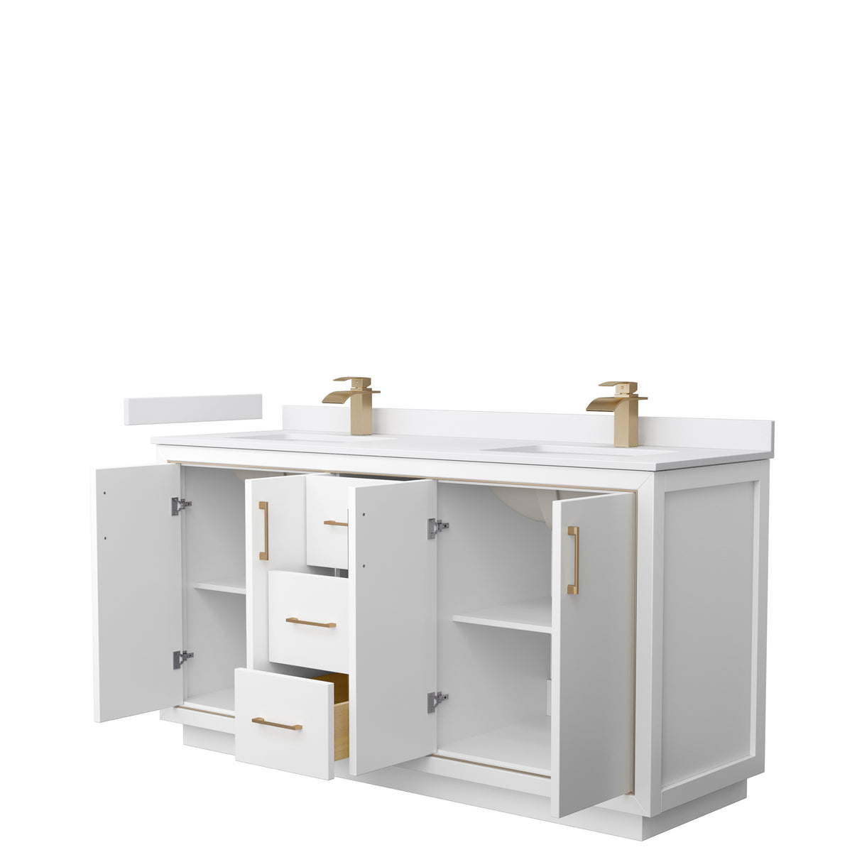 Icon 66 Inch Double Bathroom Vanity in White White Cultured Marble Countertop Undermount Square Sinks Satin Bronze Trim