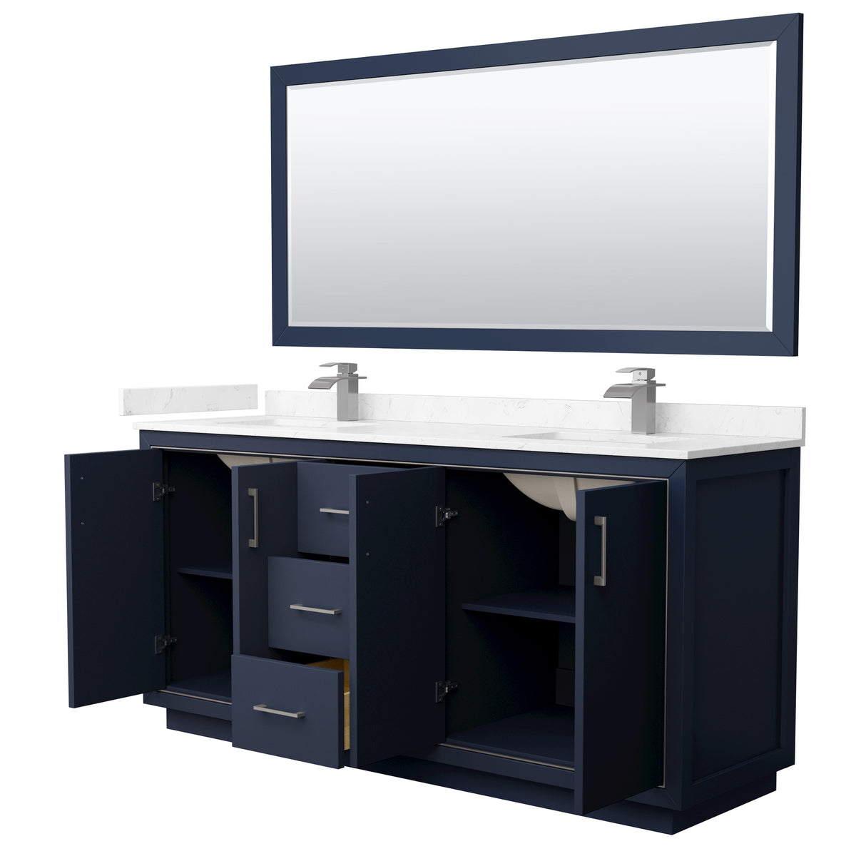 Icon 72 Inch Double Bathroom Vanity in Dark Blue Carrara Cultured Marble Countertop Undermount Square Sinks Brushed Nickel Trim 70 Inch Mirror