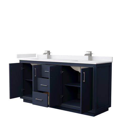 Icon 72 Inch Double Bathroom Vanity in Dark Blue White Cultured Marble Countertop Undermount Square Sinks Brushed Nickel Trim