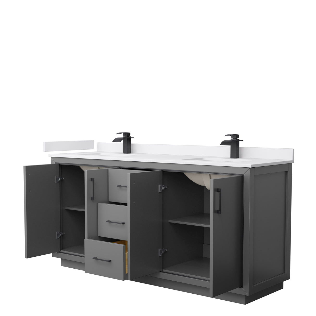 Icon 72 Inch Double Bathroom Vanity in Dark Gray White Cultured Marble Countertop Undermount Square Sinks Matte Black Trim