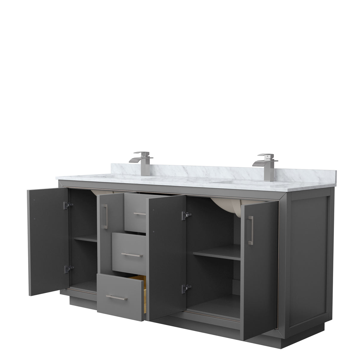 Icon 72 Inch Double Bathroom Vanity in Dark Gray White Carrara Marble Countertop Undermount Square Sinks Brushed Nickel Trim