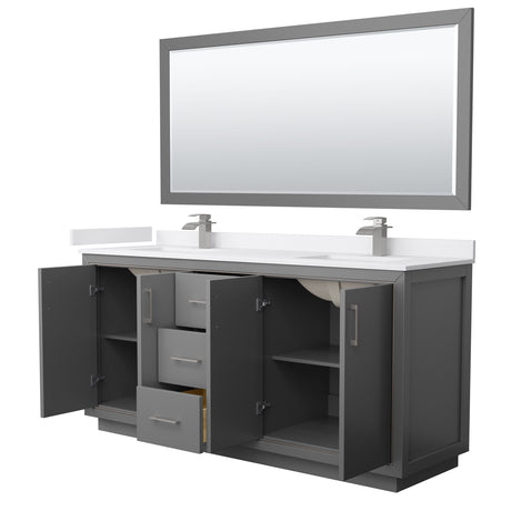 Icon 72 Inch Double Bathroom Vanity in Dark Gray White Cultured Marble Countertop Undermount Square Sinks Brushed Nickel Trim 70 Inch Mirror