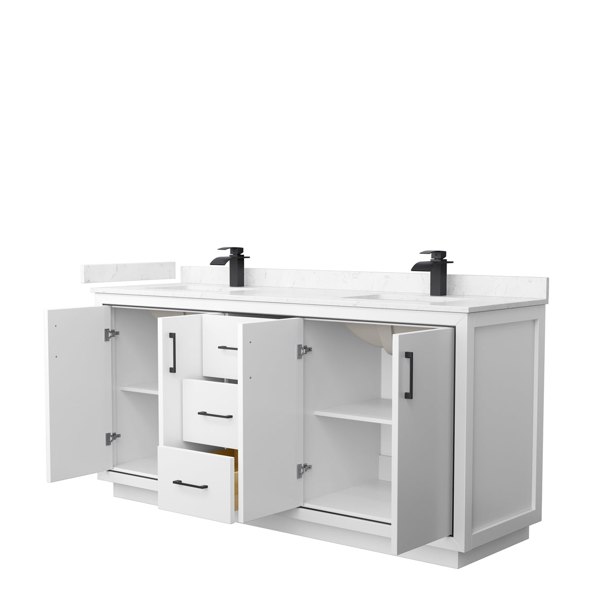 Icon 72 Inch Double Bathroom Vanity in White Carrara Cultured Marble Countertop Undermount Square Sinks Matte Black Trim