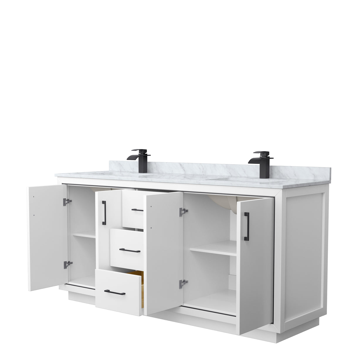 Icon 72 Inch Double Bathroom Vanity in White White Carrara Marble Countertop Undermount Square Sinks Matte Black Trim