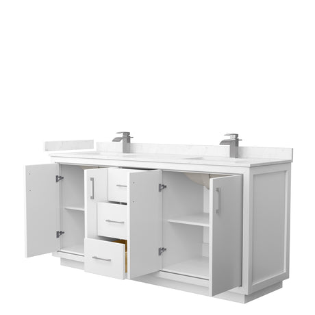 Icon 72 Inch Double Bathroom Vanity in White Carrara Cultured Marble Countertop Undermount Square Sinks Brushed Nickel Trim
