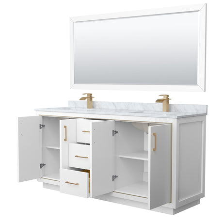Icon 72 Inch Double Bathroom Vanity in White White Carrara Marble Countertop Undermount Square Sinks Satin Bronze Trim 70 Inch Mirror