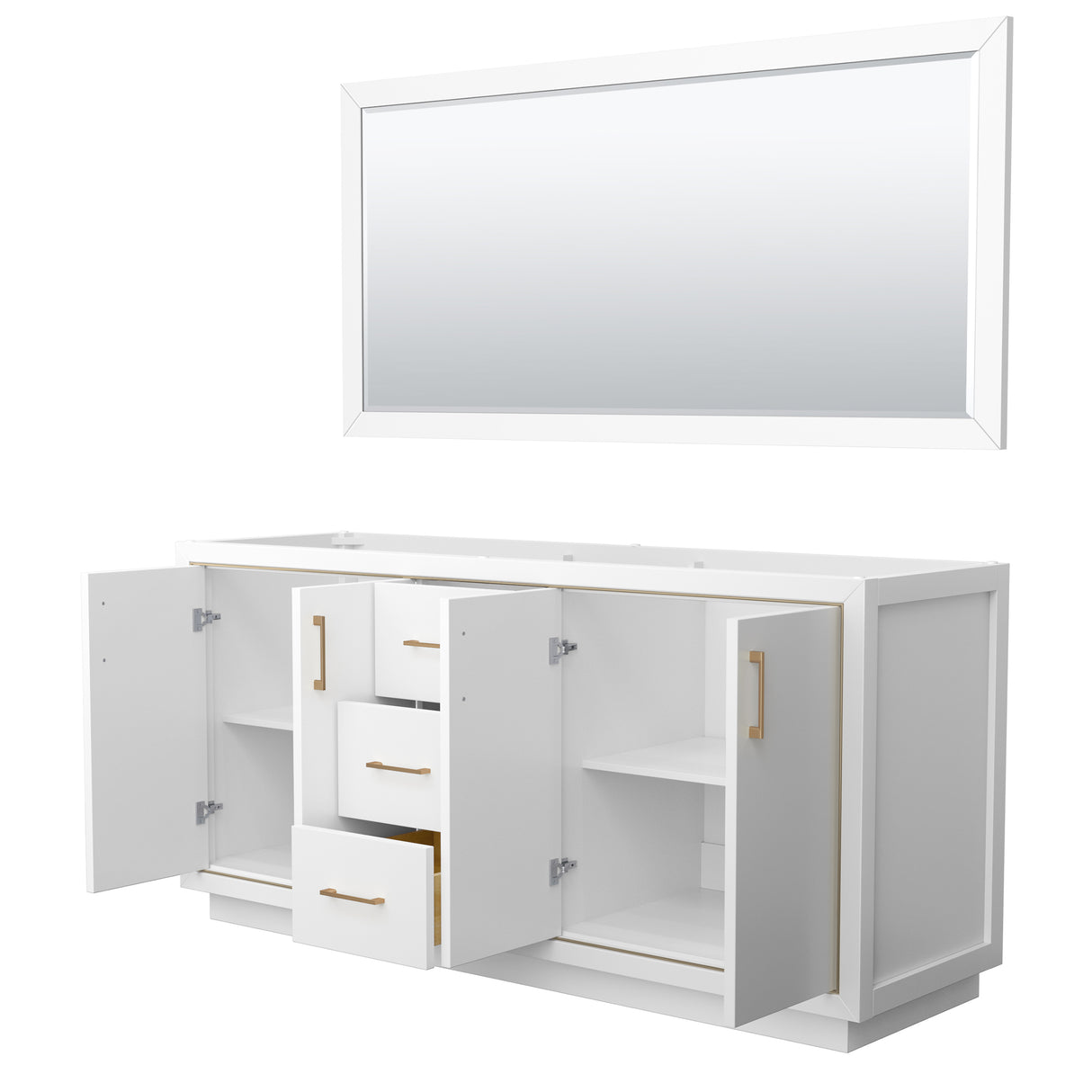 Icon 72 Inch Double Bathroom Vanity in White No Countertop No Sink Satin Bronze Trim 70 Inch Mirror