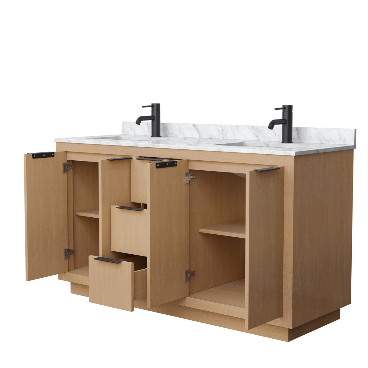 Maroni 60 Inch Double Bathroom Vanity in Light Straw White Carrara Marble Countertop Undermount Square Sinks Matte Black Trim