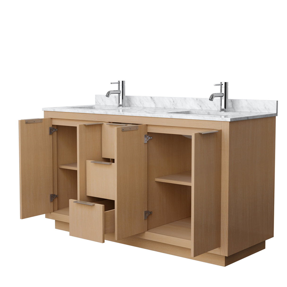 Maroni 60 Inch Double Bathroom Vanity in Light Straw White Carrara Marble Countertop Undermount Square Sinks